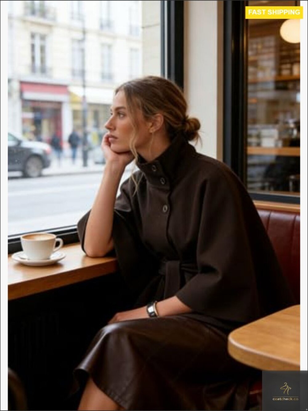 Wool Blend Pea Coat with Batwing Sleeves and Belted Waist Cropped Jacket Winter - Picture 6 of 7